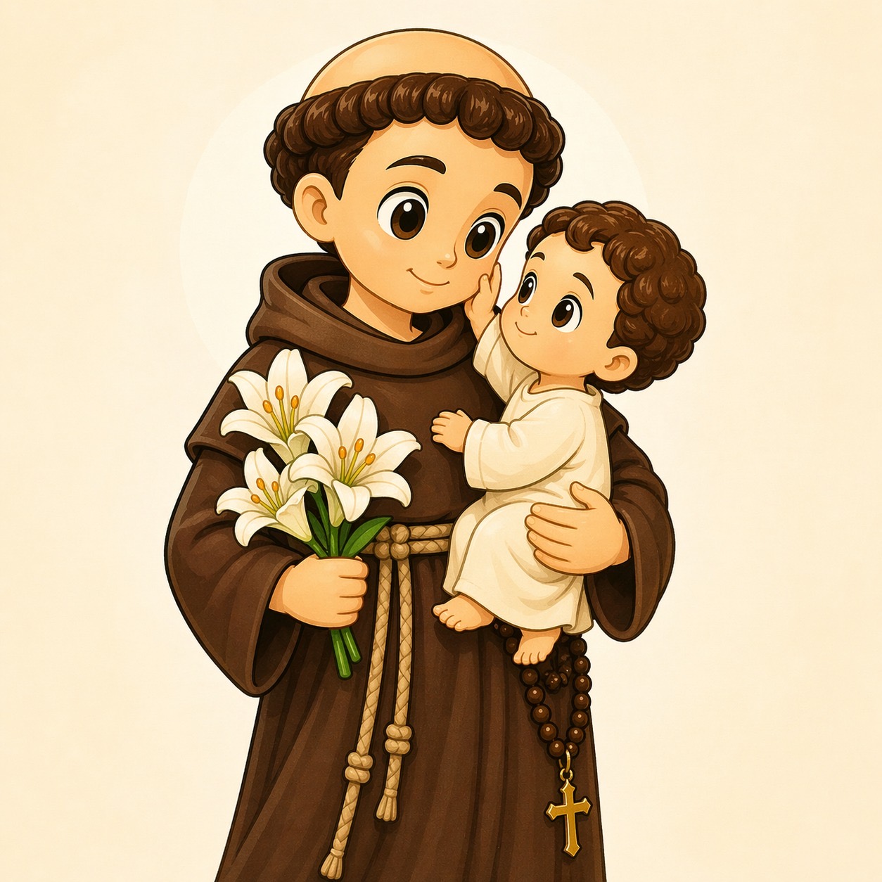 Ilustração de Santo António com o Menino Jesus e os lírios